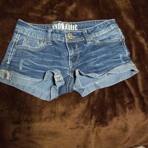 Denim shorts.